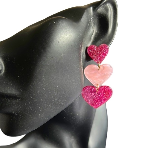 Pink Sparkle Geometric Heart Shape Dangle Pierced Earrings - Picture 1 of 4
